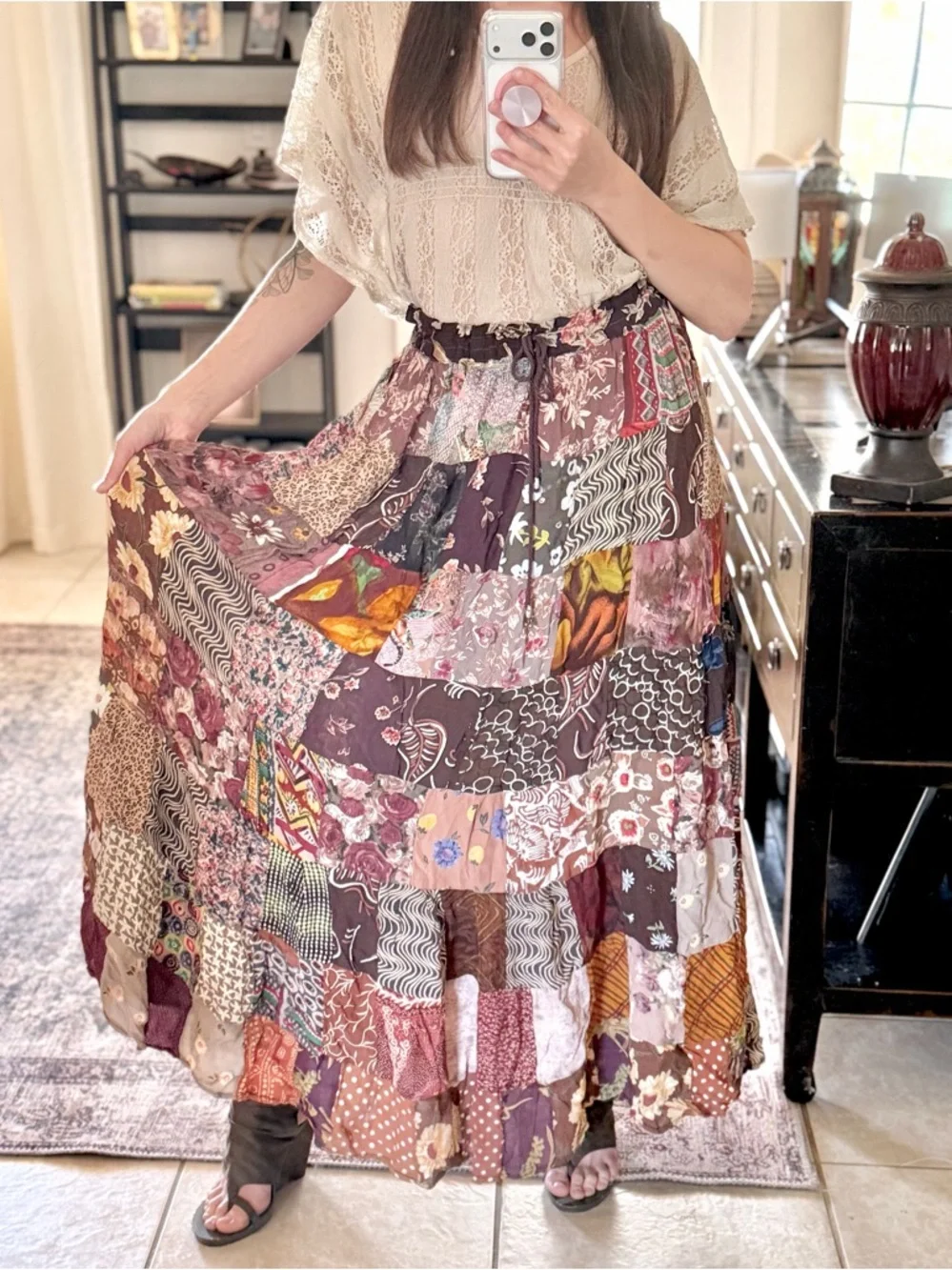 Vintage Patchwork Maxi Skirt Boho Festival Cottagecore Free Size Drawstring‎